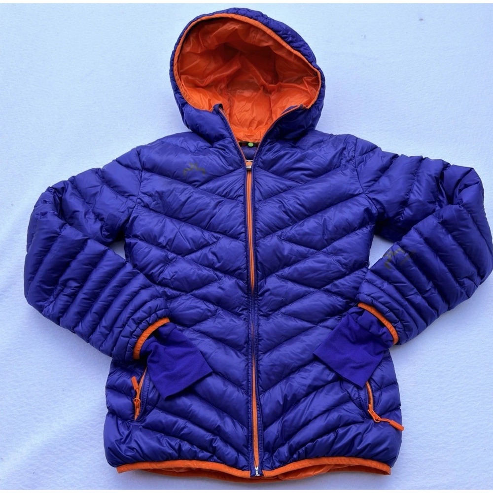 Powderhorn Women Goose Down Puffer Jacket Purple Orange Hooded Ski Coat - Small